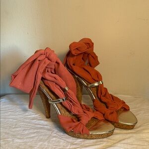 Bakers “Tonya” Coral Wrap-Tie Cork Heels — Size 7.5
